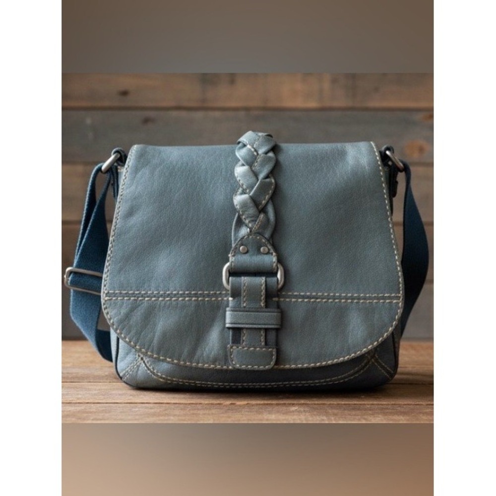 Fossil Vintage Blue Leather Braided Flap Crossbody Messenger Bag Floral Lining